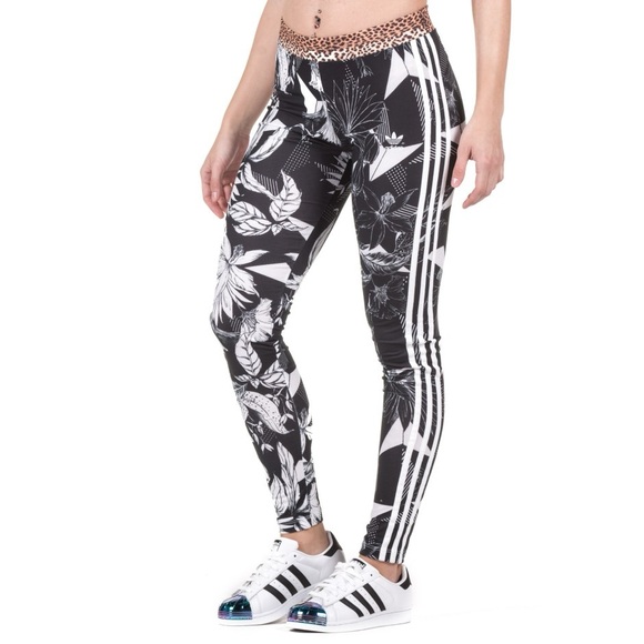 Adidas Originals Black and White Floral Tights CW1386 - Picture 1 of 12